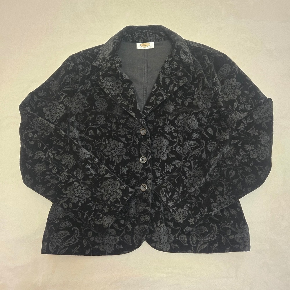 Talbots Womens Black Floral Damask Corduroy Blazer Jacket 3-Button Cotton L - Picture 16 of 16